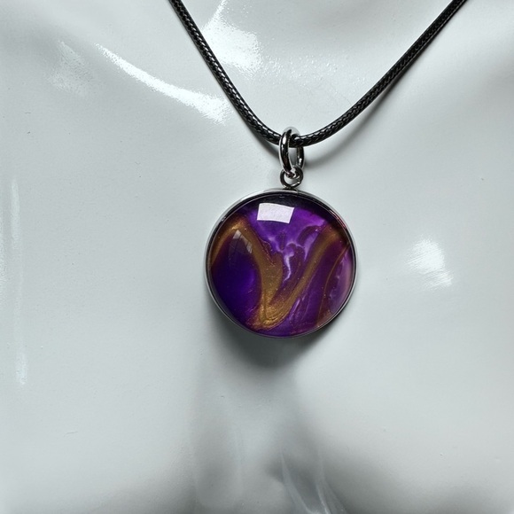 Elegant Purple and Gold Swirl Jewelry Set Handmade Acrylic pour Art Signed 4176 - Picture 5 of 15
